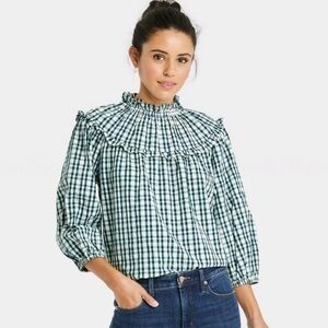 Universal Thread Green Gingham Checkered Ruffle Yoke 3/4 Sleeve Pullover Size XS